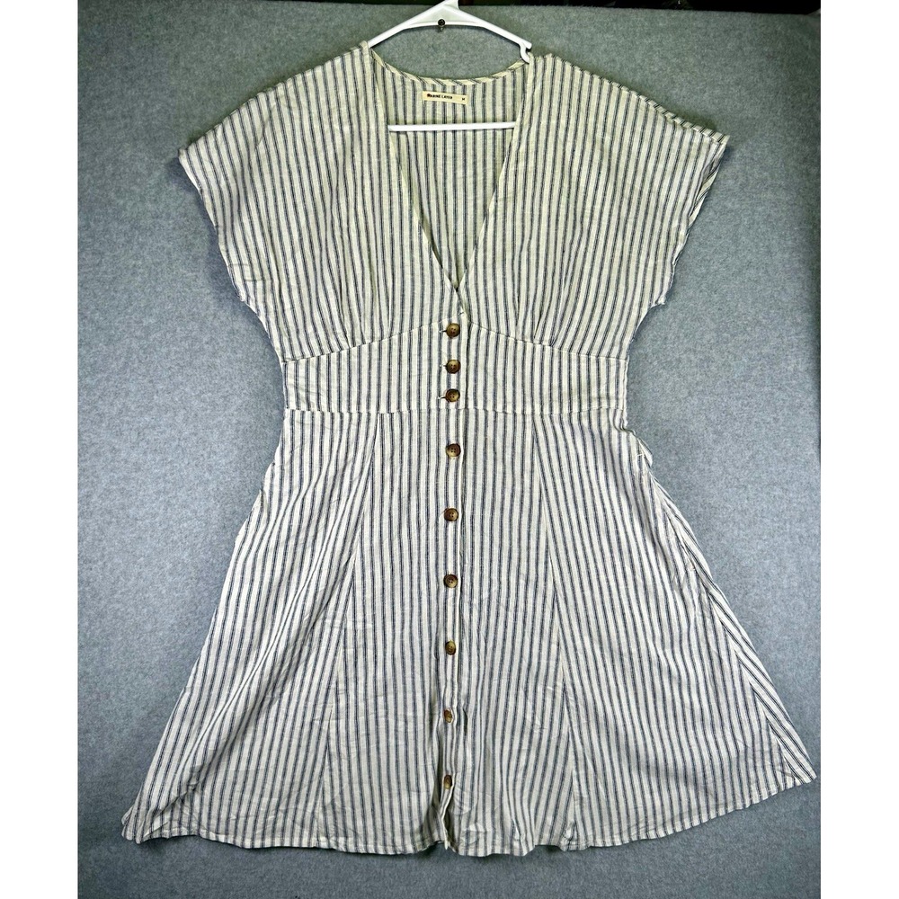 Marine Layer White Blue Striped A-Line V-Neck Button Front Dress pocket women M